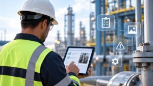 Industrial worker conducting a digital inspection using a tablet