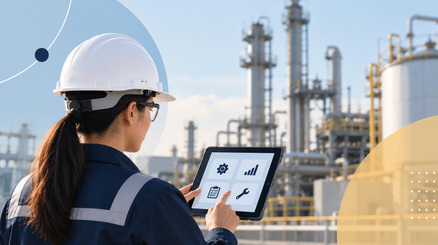 Female engineer using a tablet to inspect industrial equipment